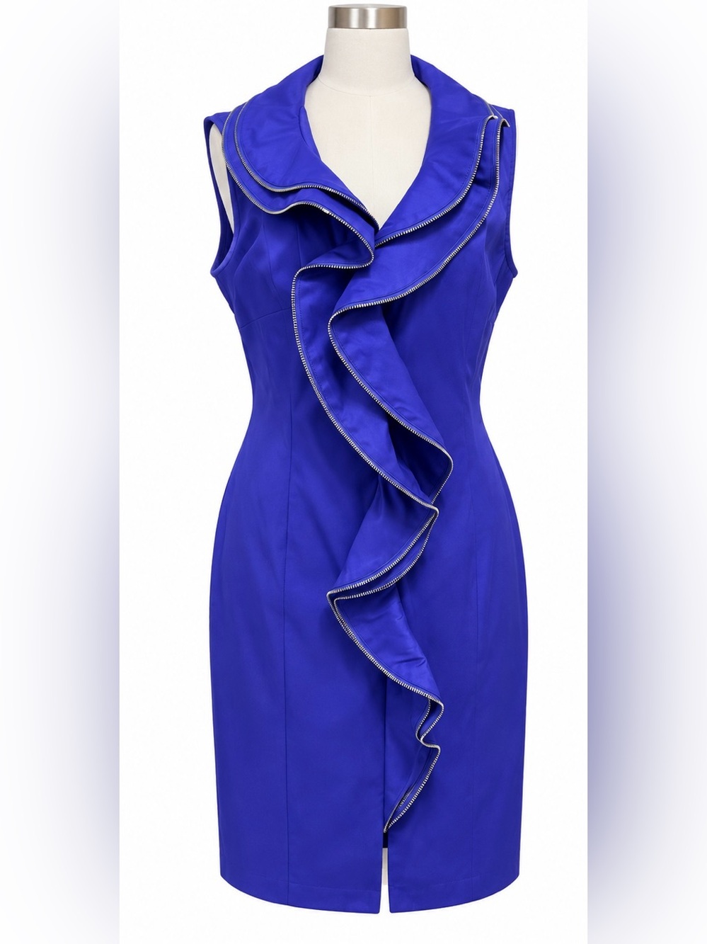 Samuel Dong Sleeveless Ruffle Sheath Dress in Cobalt Blue with Silver Trim